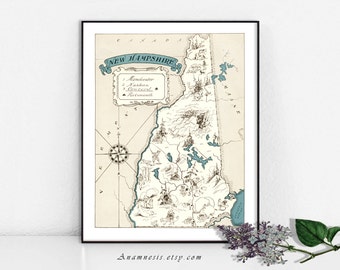 NEW HAMPSHIRE MAP - Instant Digital Download - printable vintage state picture map for framing, totes, pillows & cards - fun map wall art