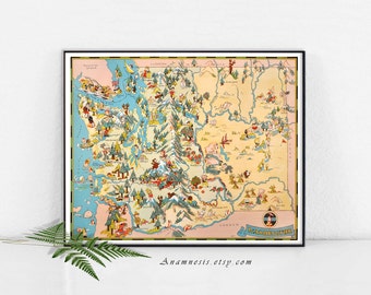 WASHINGTON  MAP - Printable Instant Digital Download - picture map to print and frame - pillows, totes & cards - vintage house warming gift