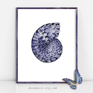 Mar cáscara Print - tapiz de concha de mar en azul - instantánea Digital Descargar - ilustración de la vida de mar para imprimir para enmarcar, artesanías, bolsas, tarjetas