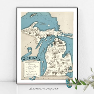 MICHIGAN MAP Print  - Enhanced Digital Image Download - printable vintage map for framing, totes, pillows & cards - fun retro wedding art