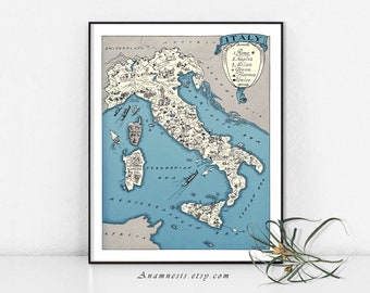 ITALY MAP - Printable Italy Map, Map of Italy,  Map Wall Decor, Vintage Italy Map, Instant Download, Map Wall Art,  Italy Picture Map