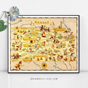 KANSAS MAP - High Res Digital Image - fun picture map to print and frame - put on totes, pillows, cards - excellent house warming gift