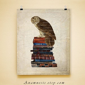 BOOKISH OWL digital image download large printable owl and old books illustration for image transfer totes, pillows, prints, cards image 4