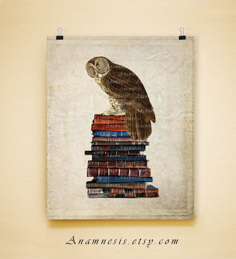 BOOKISH OWL digital image download large printable owl and old books illustration for image transfer totes, pillows, prints, cards image 4