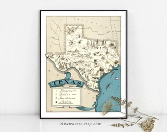 TEXAS MAP Print Digital Download - printable vintage state map for framing, totes, pillows & cards - lovely fun pictorial map art
