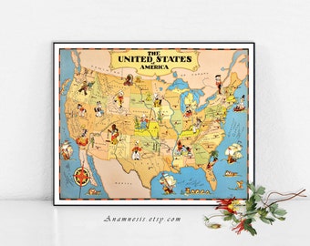 UNITED STATES Map Print Digital Download -  vintage U.S. picture map to print and frame - pillows & totes - fun retro house warming gift