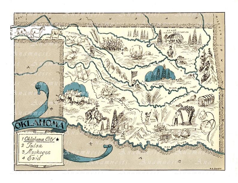 OKLAHOMA MAP - Instant Download Image - Printable Vintage Map Art for ...