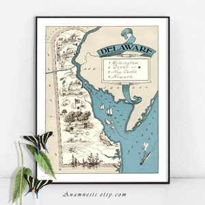 DELAWARE - Instant Digital Download - druckbare Jahrgang Zustand Karte für Rahmung, Beutel, Karten, Tassen, Tags - Spaß pictorial map Wanddekoration
