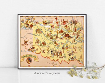 OKLAHOMA MAP - Enhanced High Res Digital Image Download -  vintage picture map for framing, totes, pillows and cards - wedding and wall art