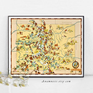 May include: A vintage illustrated map of Colorado with cartoon drawings of landmarks and animals. The map is framed in black and has a yellow background with blue and green accents. The text "Colorado" is in a red circle at the bottom right corner of the map.
