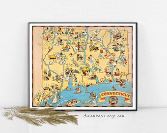 CONNECTICUT MAP - Instant Digital Download - printable picture map for framing, totes, pillows, mugs, cards, tags - fun vintage home decor