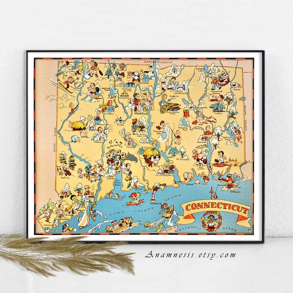 CONNECTICUT MAP - Instant Digital Download - printable picture map for framing, totes, pillows, mugs, cards, tags - fun vintage home decor
