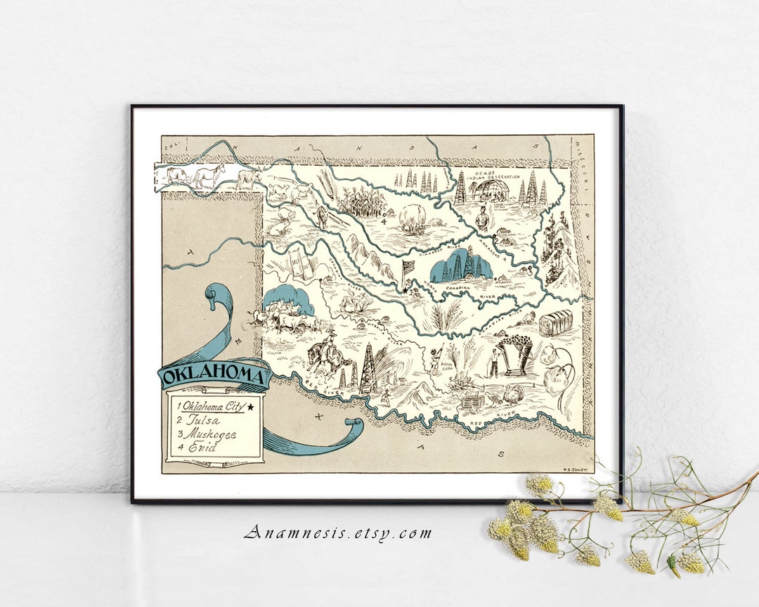 OKLAHOMA MAP - Instant Download Image - Printable Vintage Map Art for ...