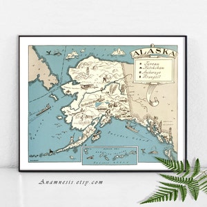 IMPRESSION DE CARTE DE L'ALASKA, téléchargement immédiat -- carte photo vintage imprimable pour l'encadrement, sacs fourre-tout, oreillers, cartes, etc. - impression d'art déco vintage