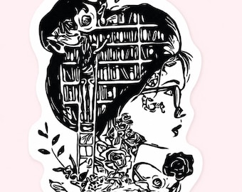 Vinyl Sticker “Library and Roses” Gothic Reader – Waterproof Dark Romance Sticker – Bookworm Gift – Bookworm Illustration Sticker