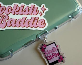 Kindle Charm “Kindle Girlie” | Acrylic E-reader Charm Pink & Black Roses | Girly Bookish Kindle Case Accessory | BookTok Reader Gift