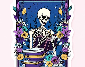 Vinyl Sticker “The Reader” Skeleton Tarot Card – Holographic Reader Sticker – Witchy Bookworm – Dark Bookworm – Bottle Sticker