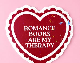 Romance Sticker "Books Are My Therapy" - Waterproof Holographic Vinyl - Red Heart Reader Sticker - Bookworm Gift - Bottle Sticker