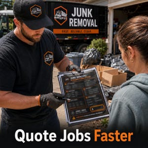 Op de afbeelding: Een man in een zwart t-shirt en pet met een logo, houdt een klembord met een prijssysteem vast. De tekst "JUNK REMOVAL" is zichtbaar op de vrachtwagen en het klembord. De zin "Quote Jobs Faster" staat onderaan.