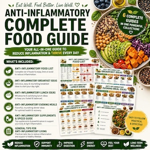 Può includere: Una guida digitale intitolata Anti-Inflammatory Complete Food Guide con una ciotola di ingredienti sani. Include sei guide su liste di alimenti, idee per colazione, pranzo e cena, integratori, spezie e consigli per uno stile di vita.