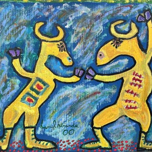 Pintura de toro primitiva, arte crudo, arte marginal, arte folklórico, arte crudo, arte brut, arte marginal, pintura de toro primitiva, hecha con acrílico sobre cartón