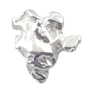 May include: A small, silver-colored stud earring with an irregular, organic, and textured nugget shape. The surface of the metal features deep crevices and raised bumps, creating a reflective, uneven appearance that catches the light from multiple angles.