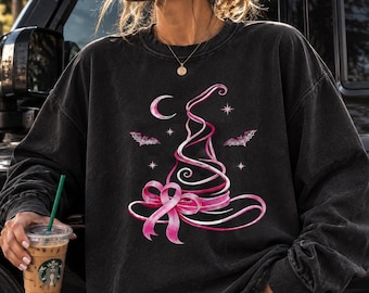 Pink Witch Hat Long Sleeve Shirt, Breast Cancer Awareness Halloween Tee (Comfort Colors 6014)