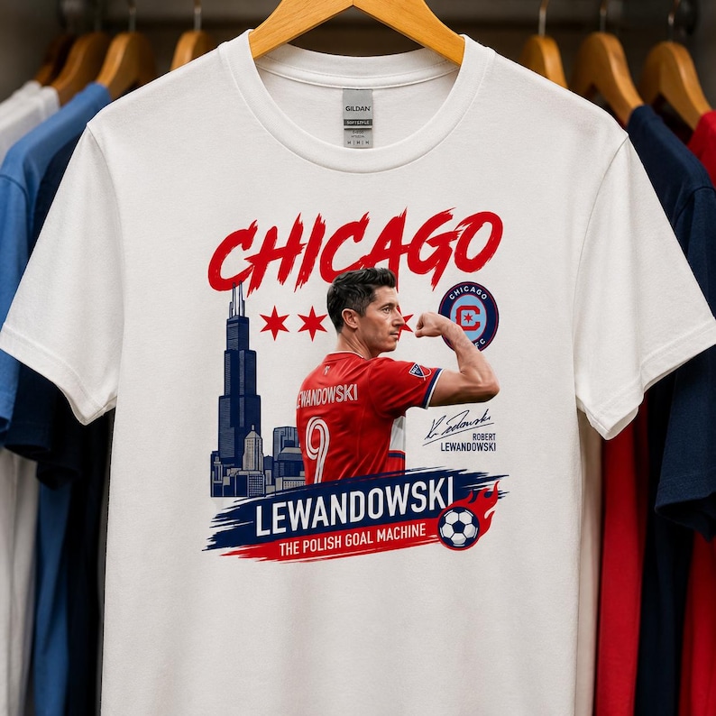 May include: A white t-shirt featuring a graphic of Robert Lewandowski in a red soccer jersey flexing his arm. The design includes the Chicago skyline, the text CHICAGO, LEWANDOWSKI, THE POLISH GOAL MACHINE, a soccer ball, and a signature.