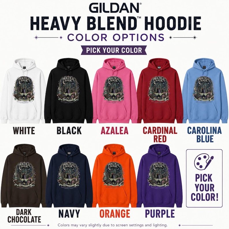 Op de afbeelding: Gildan Heavy Blend hoodies in negen kleuren: wit, zwart, azalea, kardinaalrood, carolina blauw, donkerchocolade, marineblauw, oranje en paars. Elke hoodie heeft een centrale afbeelding met de tekst Practical Magic.