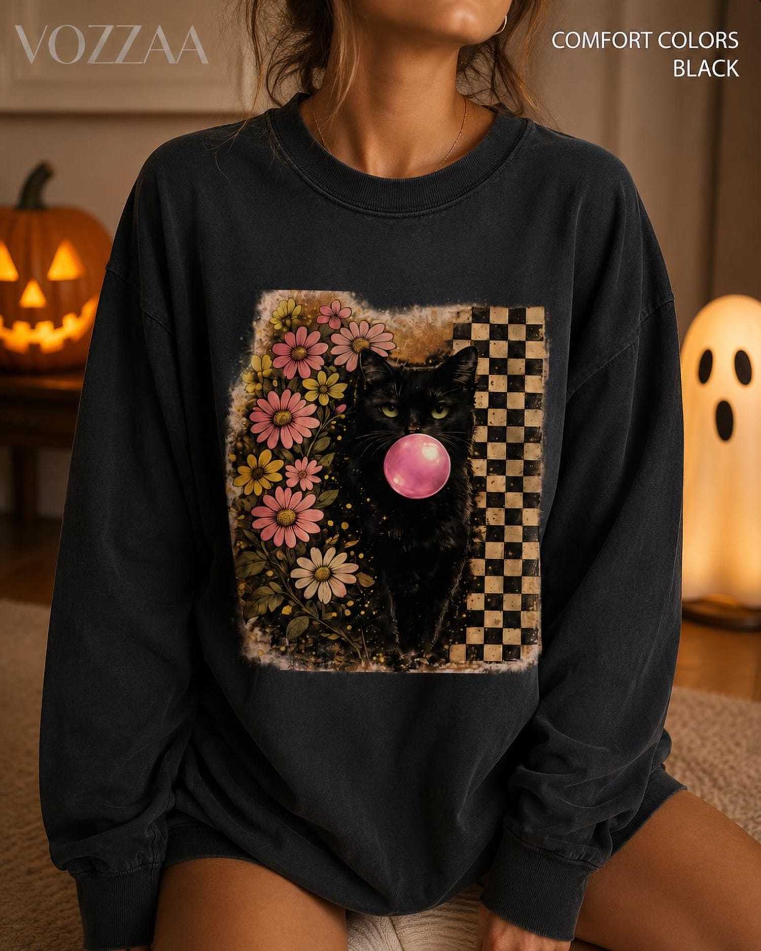 Black Cat Bubblegum Halloween Long Sleeve Shirt, Floral Checkerboard Witchy Tee