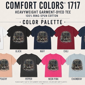 May include: A collection of nine Comfort Colors 1717 heavyweight garment-dyed t-shirts made of 100% ring-spun cotton. Each shirt features a graphic print with the text Practical Magic and is available in white, black, navy, chili, midnight, peachy, pepper, neon pink, and chambray.