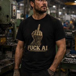 Pode incluir: Camiseta preta de gola redonda com um gráfico dourado de uma mão mostrando o dedo do meio e o texto "FUCK AI". A pessoa na imagem está usando luvas de trabalho e está em um ambiente industrial.