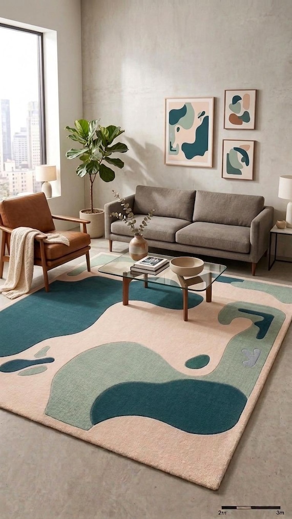 Handmade Tufted Carpet, Abstract New Zealand Wool Rug, Modern Green Beige Area Rug, Custom Rug, Bhadohi India Artisan Made