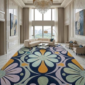 Handgjord tuftad matta, blommig ullmatta, modern vardagsrumsmatta, lyxig designermatta, handgjord i Bhadohi Indien