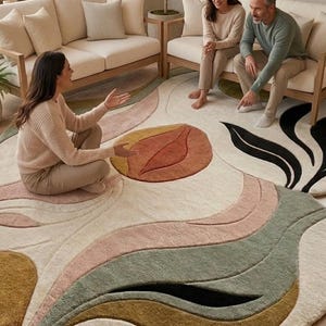 Handgjord tuftad matta, abstrakt ullmatta, lyxig vardagsrumsmatta, modern designermatta, handgjord i Bhadohi Indien