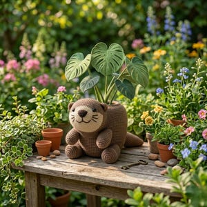 Puede incluir: Una maceta de ganchillo con forma de nutria marrón que contiene una planta monstera verde, situada sobre una superficie de madera junto a una pequeña llave de metal, dos macetas de terracota y guijarros, con un fondo de jardín borroso.