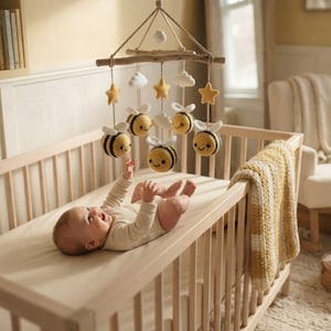 Crochet bee mobile pattern, cute baby cot hanging bees tutorial PDF