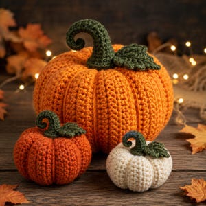 May include: A set of three crocheted pumpkins in varying sizes. One large orange pumpkin, one smaller orange pumpkin, and one small cream-colored pumpkin. Each pumpkin features a dark green crocheted stem with a curly vine and a leaf.