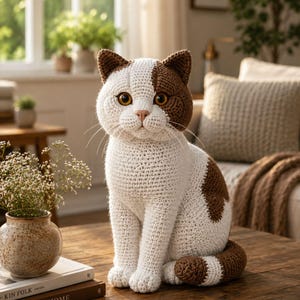 May include: A handcrafted crochet cat figurine in white and brown, with detailed features including amber eyes and a pink nose. The cat is seated on a wooden table, showcasing its intricate stitchwork and realistic design. The cat's ears and a patch on its back are brown.