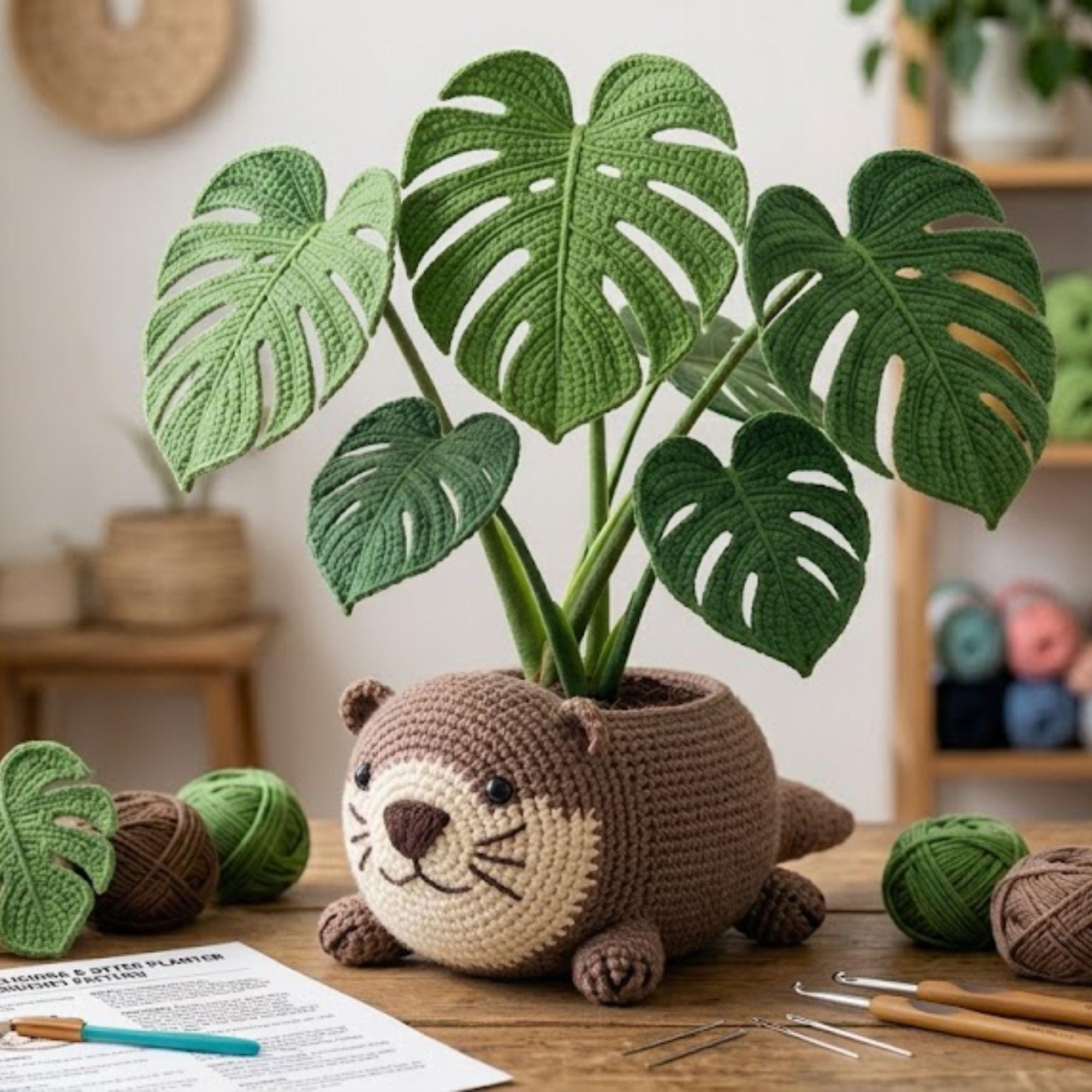 32 Monstera Crochet Patterns for Tropical Leaves, Wall Hangings, and Potted Plants 26 Monster Otter Planter Crochet Pattern