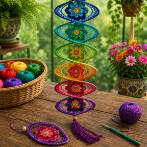 May include: A vertical spiral mobile featuring six crocheted floral motifs in a rainbow color gradient, each encased in an oval frame. A matching purple crocheted oval with a flower sits below, alongside a purple yarn ball and a green crochet hook.