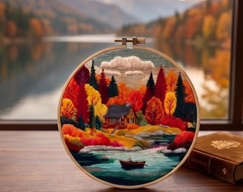 Puede incluir: Un bastidor de bordado circular que contiene un paisaje cosido con hilo que muestra una pequeña cabaña rodeada de árboles otoñales de colores rojo, naranja y amarillo, con un pequeño bote flotando en un lago azul bajo un cielo nublado.