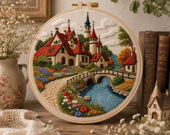 Puede incluir: Un bastidor de bordado circular que presenta una escena detallada de un pueblo de estilo europeo con edificios de tejados rojos, un puente de piedra sobre un río azul y jardines de flores coloridas, bordados sobre una tela color crema.