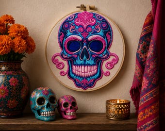 Puede incluir: Un bastidor de bordado circular de madera con un diseño de calavera de azúcar bordado en tonos rosa brillante, azul oscuro y azul claro. La calavera está centrada sobre un fondo de tela neutro, mostrando un intrincado trabajo de hilo.