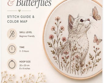 May include: Embroidery pattern showing a white cat and butterflies. Includes a stitch guide and colour map, ideal for beginners. The hoop size is 20 x 20 cm (8 x 8 inches).