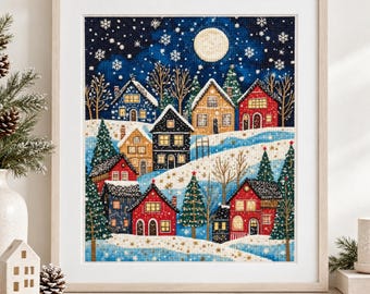 Puede incluir: Una obra de punto de cruz enmarcada que representa una escena de pueblo invernal de noche. La imagen muestra casas coloridas con paredes rojas, amarillas y azules, suelo cubierto de nieve, árboles de hoja perenne y una gran luna llena.