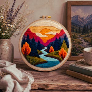 May include: A circular embroidery hoop featuring a landscape scene with a vibrant orange sun setting behind purple mountains. A winding light blue river flows through a forest of dark blue pine trees, accented by bright orange and green trees.