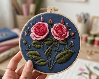 May include: A circular wooden embroidery hoop containing a navy blue fabric panel. The fabric features a hand-stitched design of two large, layered pink roses surrounded by smaller rosebuds and detailed green leaves, all rendered in textured thread.