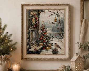 Puede incluir: Una impresión de arte mural enmarcada que representa una escena invernal nevada con un árbol de Navidad decorado, regalos envueltos, un pájaro pequeño y una corona en una puerta de madera. La obra está en un marco de madera ornamentado.