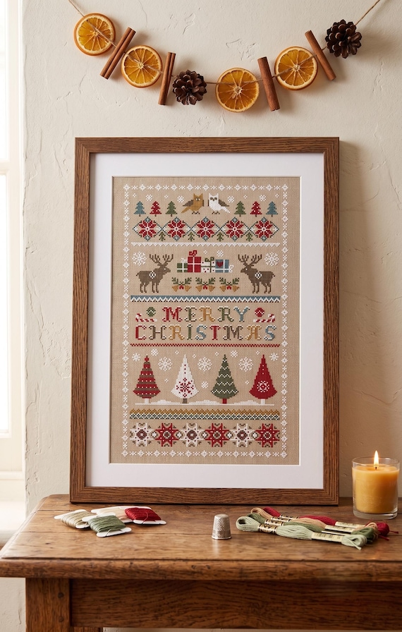 Christmas Cross Stitch Kit, Merry Christmas Embroidery Pattern, Scandinavian Holiday DIY Kit, Winter Needlepoint Gift